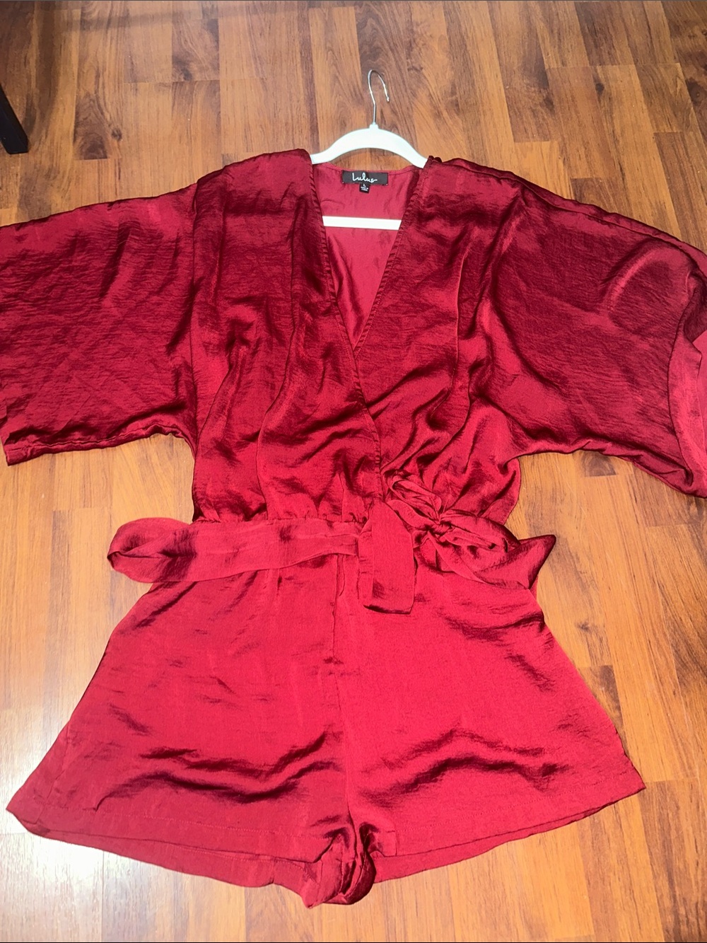 Lulu's Burgundy Wrap-Front Romper with Self Tie